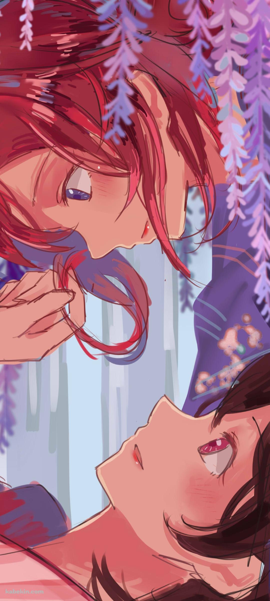 藤の花と見つめ合う西木野真姫と矢澤にこ / ラブライブ!のAndroidの壁紙(1080px x 2400px) スマホ用
