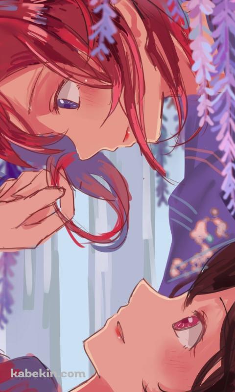 藤の花と見つめ合う西木野真姫と矢澤にこ / ラブライブ!のAndroidの壁紙(480px x 800px) スマホ用