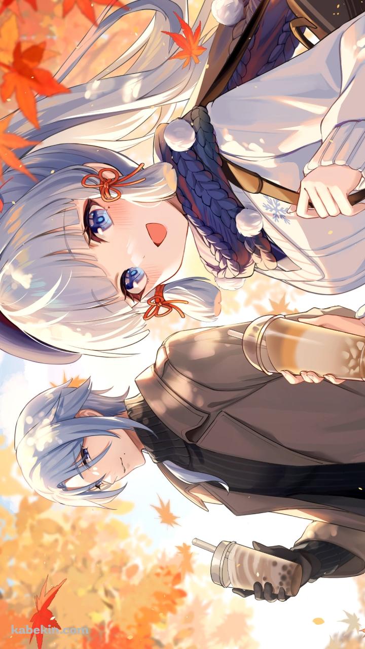 タピオカジュースを飲む神里綾華と神里綾人 / 原神のAndroidの壁紙(720px x 1280px) スマホ用