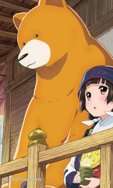 並んでお茶を飲む雨宿まちとクマ井ナツ / くまみこのAndroidの壁紙(480px x 800px) スマホ用
