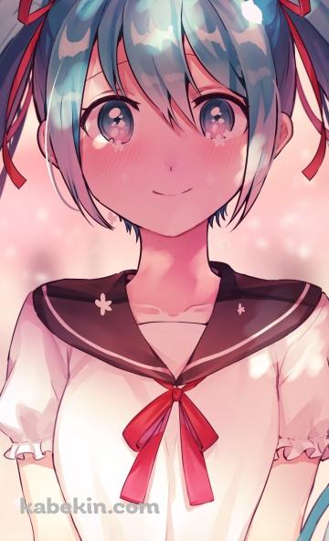 制服を着た満面の笑みの初音ミク / ツインテール / 赤いリボン / ボカロ / ボーカロイドのAndroidの壁紙(360px x 592px) スマホ用