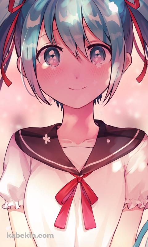 制服を着た満面の笑みの初音ミク / ツインテール / 赤いリボン / ボカロ / ボーカロイドのAndroidの壁紙(480px x 800px) スマホ用