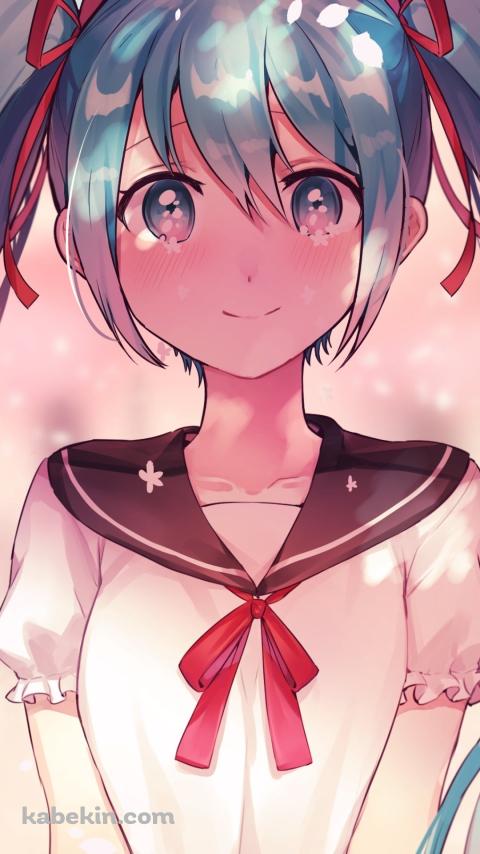 制服を着た満面の笑みの初音ミク / ツインテール / 赤いリボン / ボカロ / ボーカロイドのAndroidの壁紙(480px x 854px) スマホ用