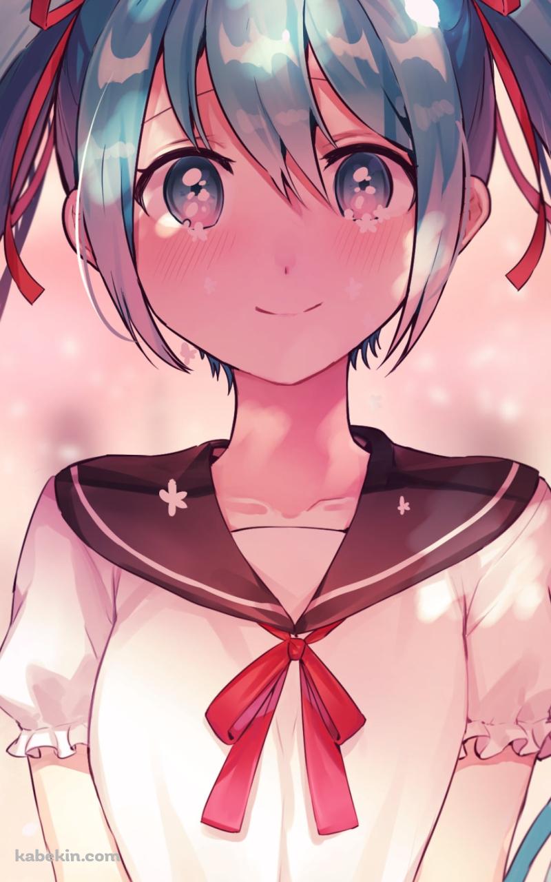 制服を着た満面の笑みの初音ミク / ツインテール / 赤いリボン / ボカロ / ボーカロイドのAndroidの壁紙(800px x 1280px) スマホ用