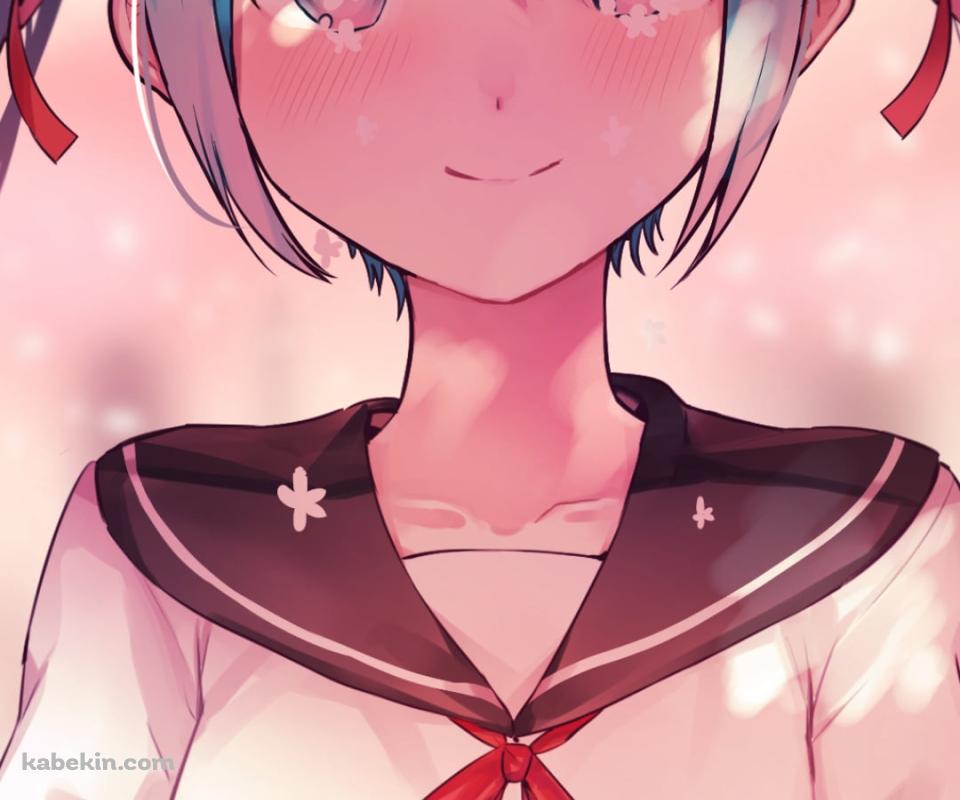 制服を着た満面の笑みの初音ミク / ツインテール / 赤いリボン / ボカロ / ボーカロイドのAndroidの壁紙(960px x 800px) スマホ用