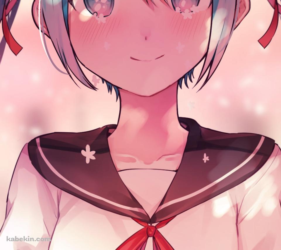 制服を着た満面の笑みの初音ミク / ツインテール / 赤いリボン / ボカロ / ボーカロイドのAndroidの壁紙(960px x 854px) スマホ用