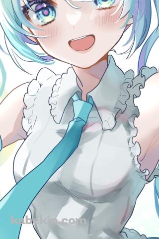 目がキラキラした笑顔の初音ミク / ツインテール / 青い瞳 / ボカロ / ボーカロイドのAndroidの壁紙(320px x 480px) スマホ用