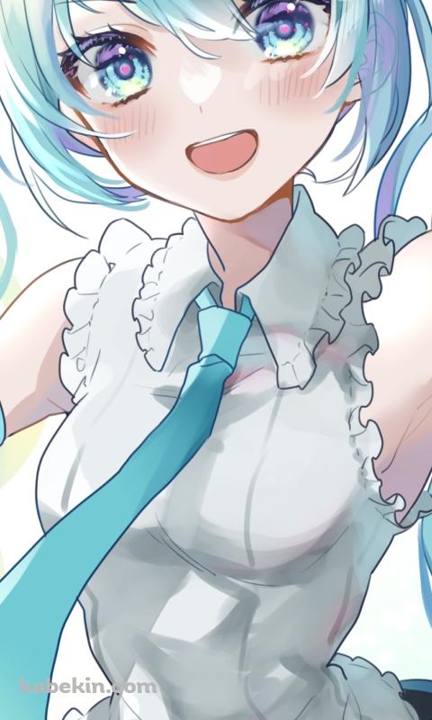 目がキラキラした笑顔の初音ミク / ツインテール / 青い瞳 / ボカロ / ボーカロイドのAndroidの壁紙(480px x 800px) スマホ用