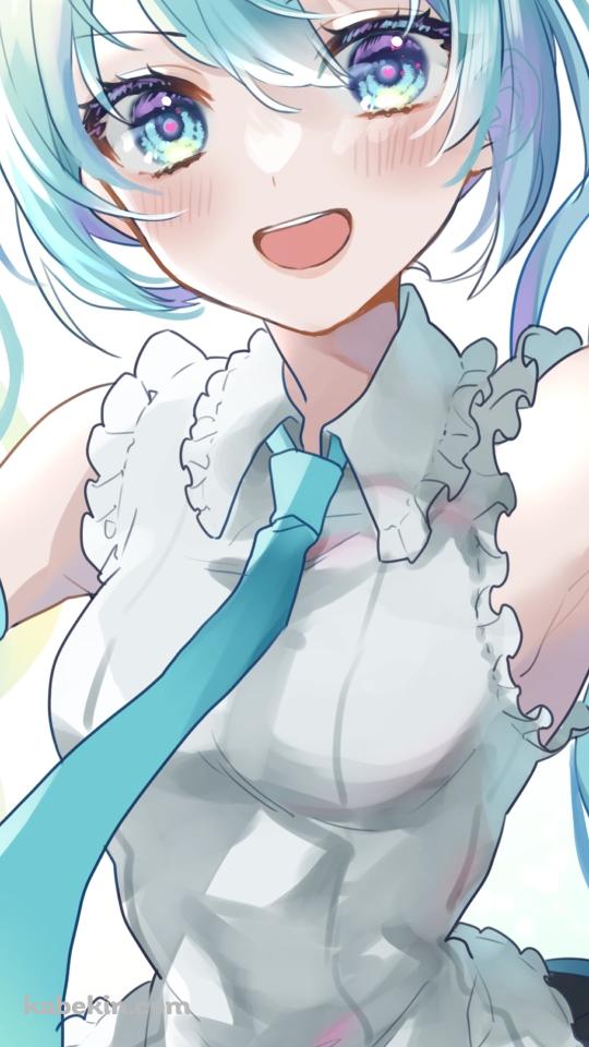 目がキラキラした笑顔の初音ミク / ツインテール / 青い瞳 / ボカロ / ボーカロイドのAndroidの壁紙(540px x 960px) スマホ用