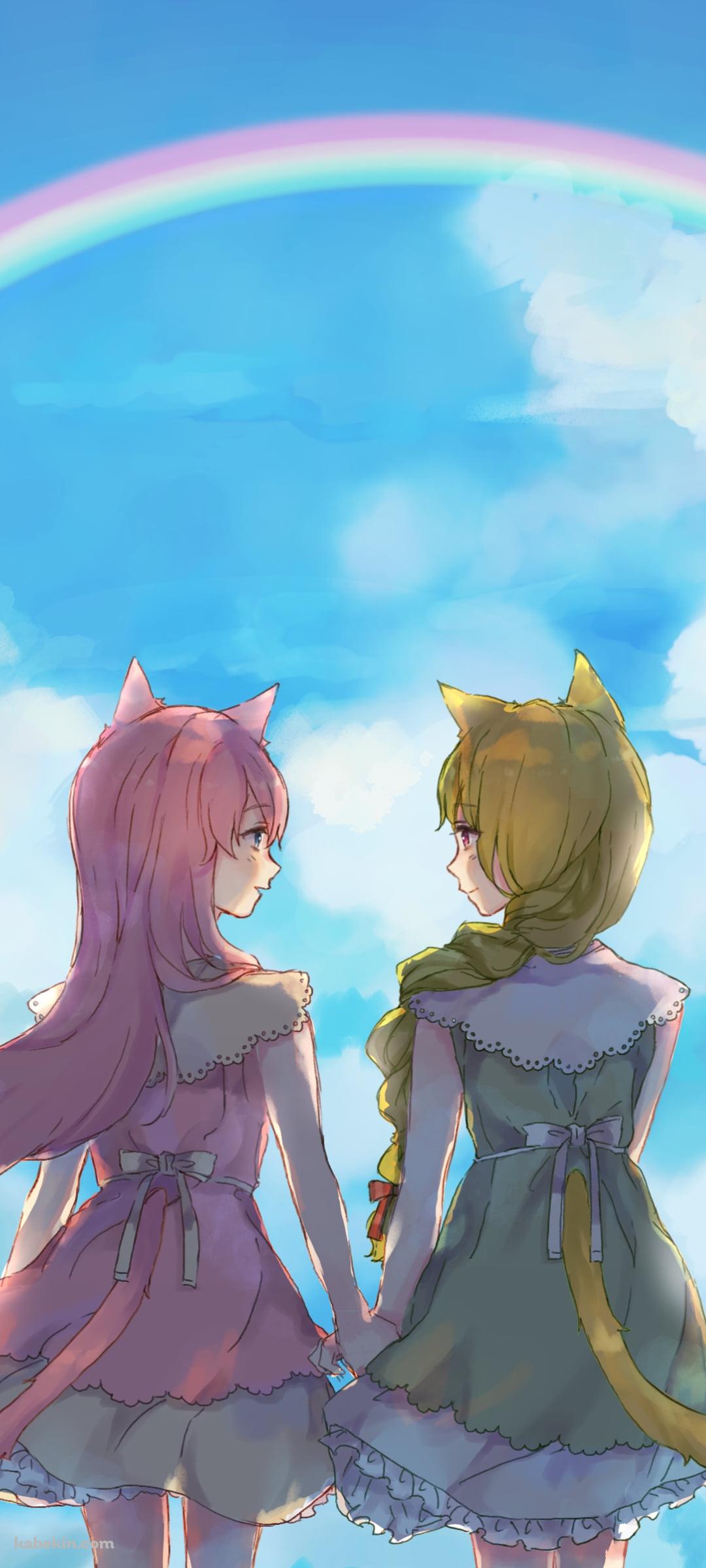 手をつなぐふうにゃんと如月梢 / 虹 / SiesteCatのAndroidの壁紙(1080px x 2400px) スマホ用