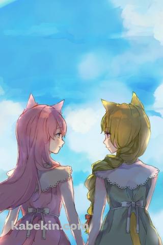 手をつなぐふうにゃんと如月梢 / 虹 / SiesteCatのAndroidの壁紙(320px x 480px) スマホ用