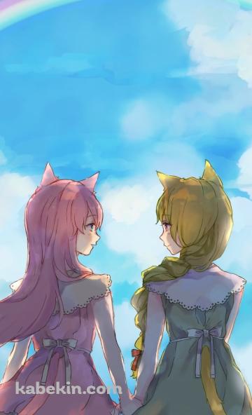 手をつなぐふうにゃんと如月梢 / 虹 / SiesteCatのAndroidの壁紙(360px x 592px) スマホ用