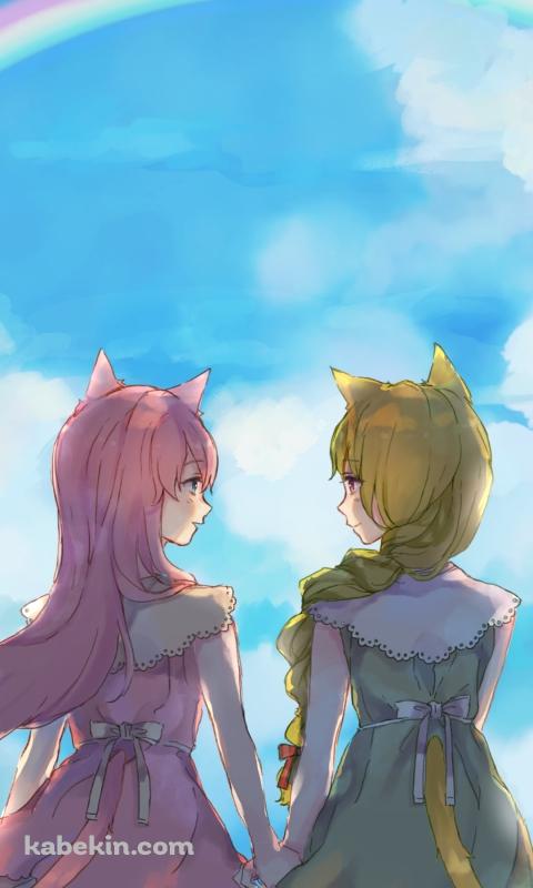 手をつなぐふうにゃんと如月梢 / 虹 / SiesteCatのAndroidの壁紙(480px x 800px) スマホ用