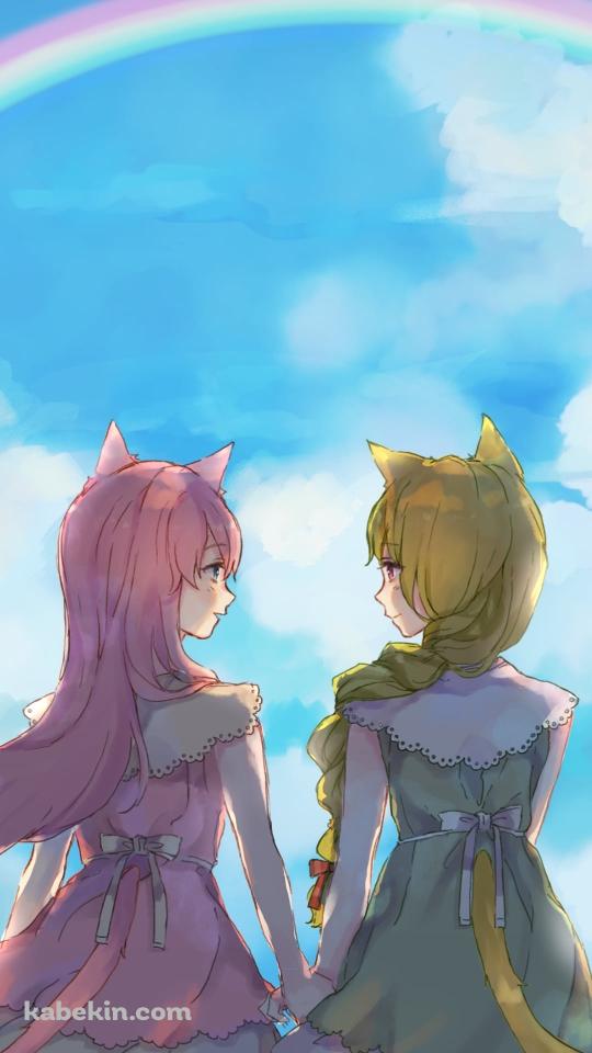 手をつなぐふうにゃんと如月梢 / 虹 / SiesteCatのAndroidの壁紙(540px x 960px) スマホ用