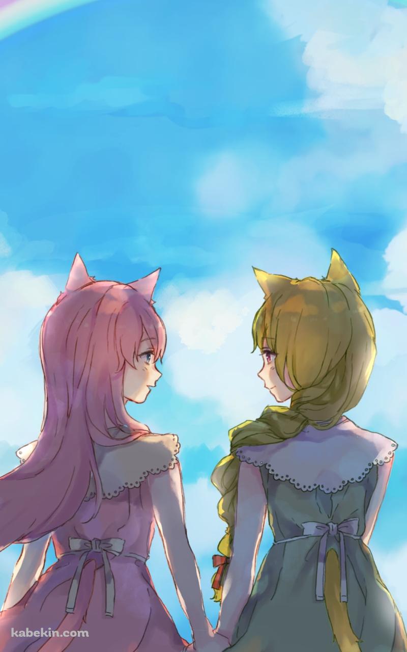 手をつなぐふうにゃんと如月梢 / 虹 / SiesteCatのAndroidの壁紙(800px x 1280px) スマホ用