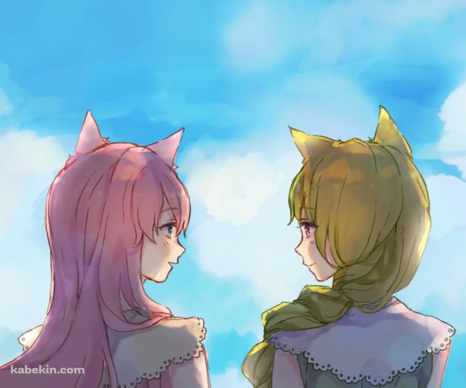 手をつなぐふうにゃんと如月梢 / 虹 / SiesteCatのAndroidの壁紙(960px x 800px) スマホ用