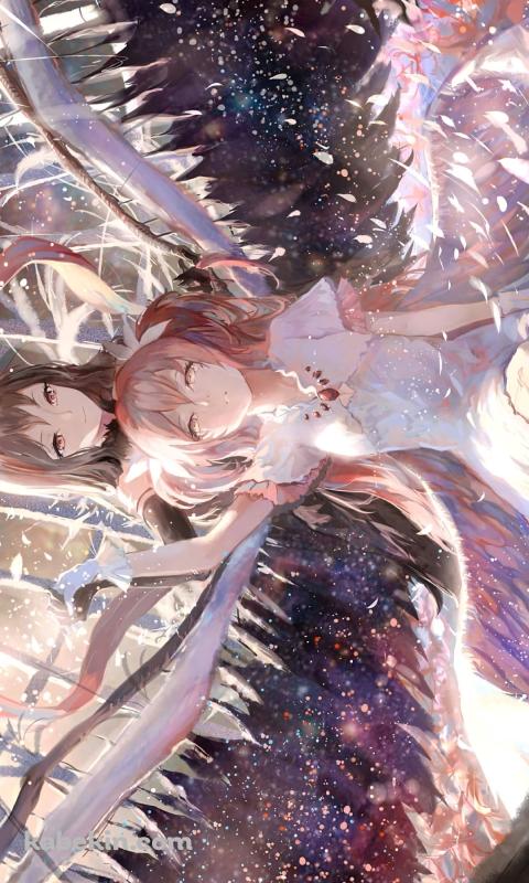 ピンクの羽が舞う中、手を取り合う鹿目まどかと暁美ほむら / アルティメットまどかと悪魔ほむら / 魔法少女まどか☆マギカのAndroidの壁紙(480px x 800px) スマホ用