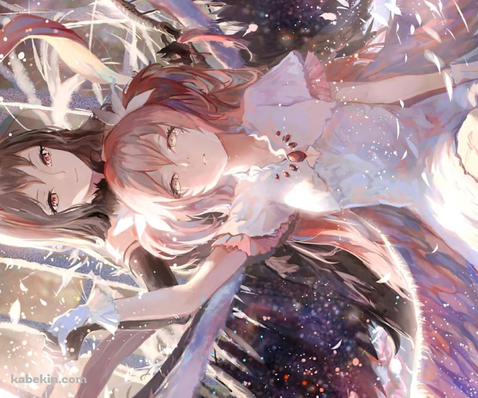 ピンクの羽が舞う中、手を取り合う鹿目まどかと暁美ほむら / アルティメットまどかと悪魔ほむら / 魔法少女まどか☆マギカのAndroidの壁紙(960px x 800px) スマホ用