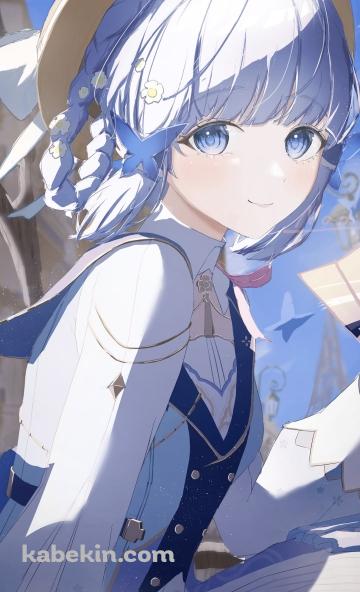 椅子に座って青い扇子を持つ可愛い神里綾華 / 花時に訪れた手紙 / 原神のAndroidの壁紙(360px x 592px) スマホ用
