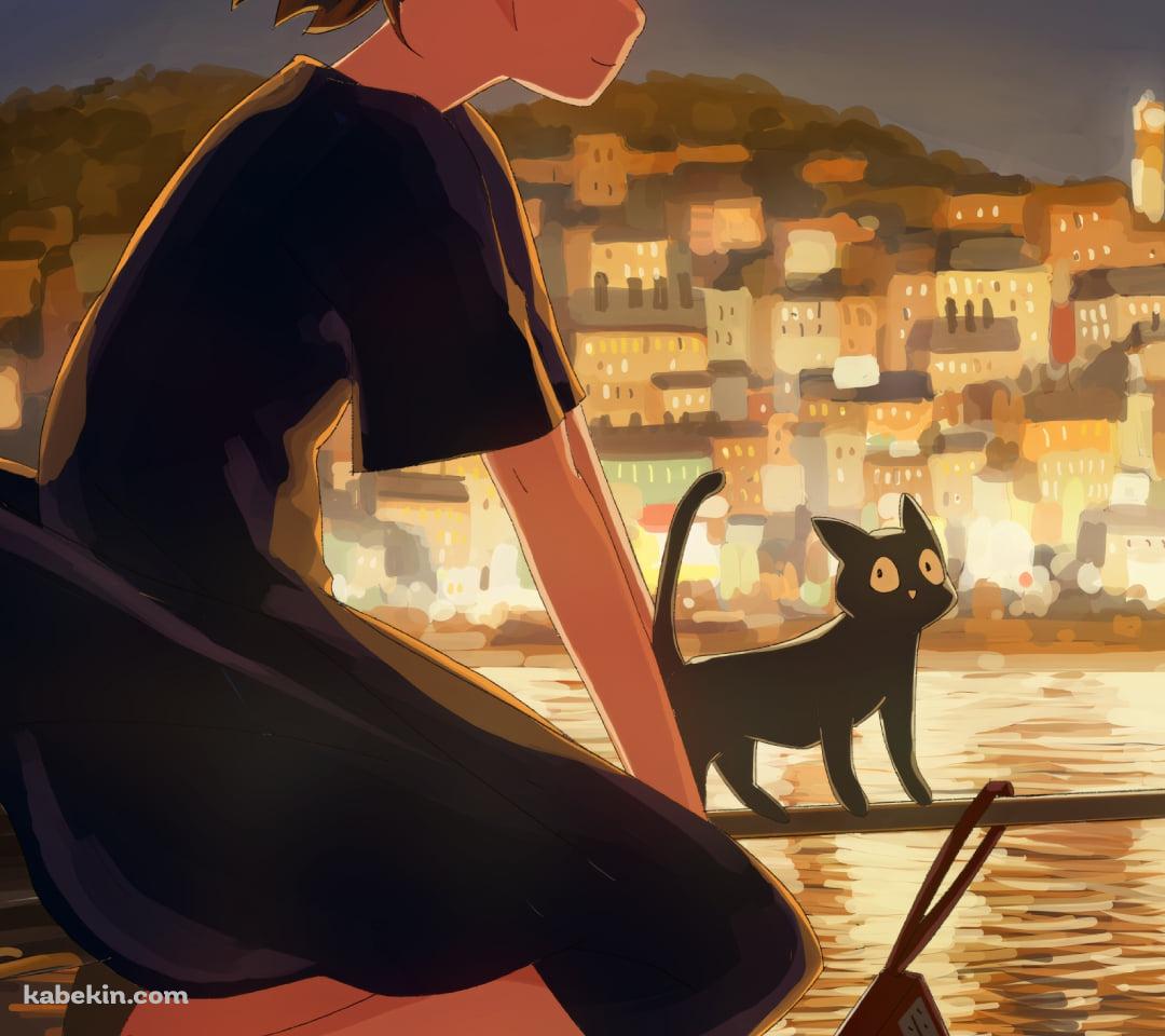 満月の夜、海の上をホウキに乗って飛ぶキキとジジ / 魔女の宅急便のAndroidの壁紙(1080px x 960px) スマホ用