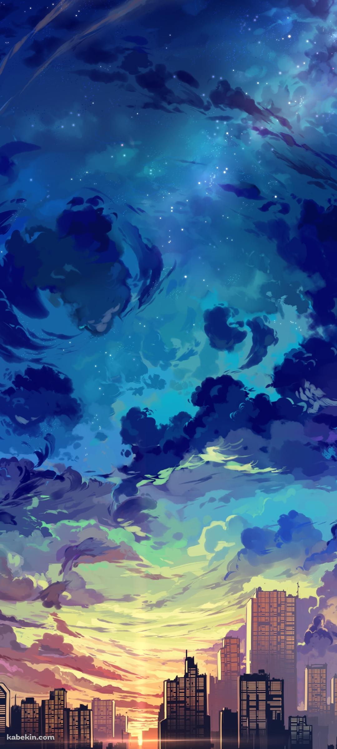 都会のビル群と夕陽と青い星空のAndroidの壁紙(1080px x 2400px) スマホ用