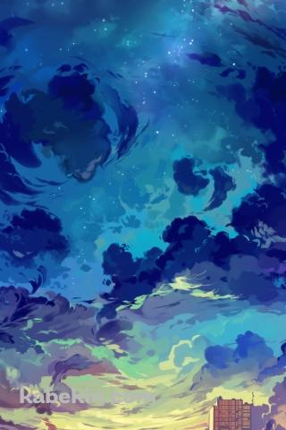 都会のビル群と夕陽と青い星空のAndroidの壁紙(320px x 480px) スマホ用