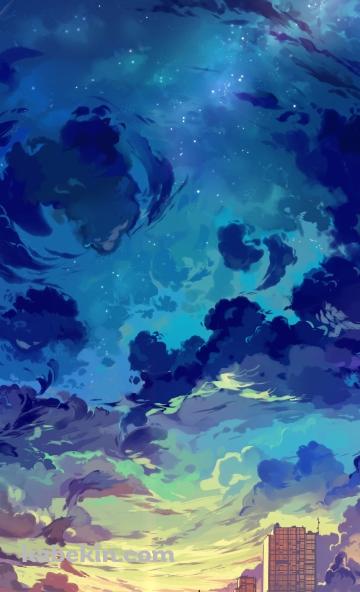 都会のビル群と夕陽と青い星空のAndroidの壁紙(360px x 592px) スマホ用