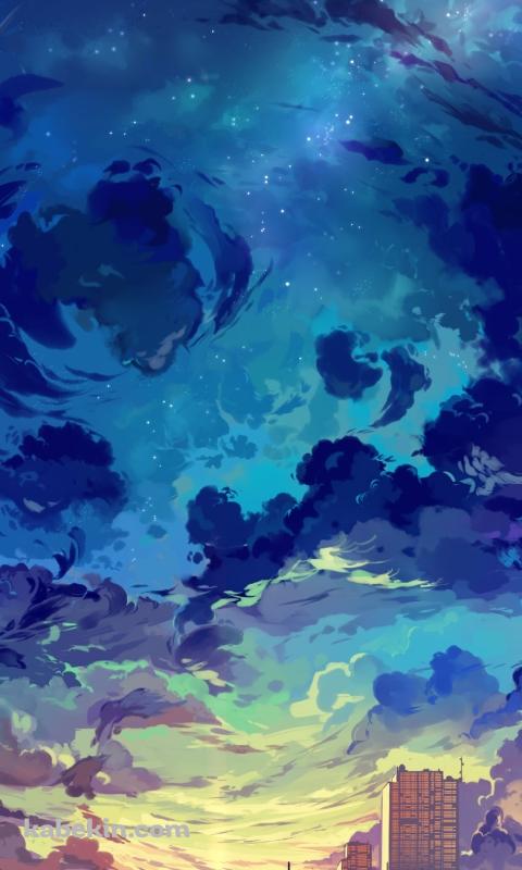 都会のビル群と夕陽と青い星空のAndroidの壁紙(480px x 800px) スマホ用