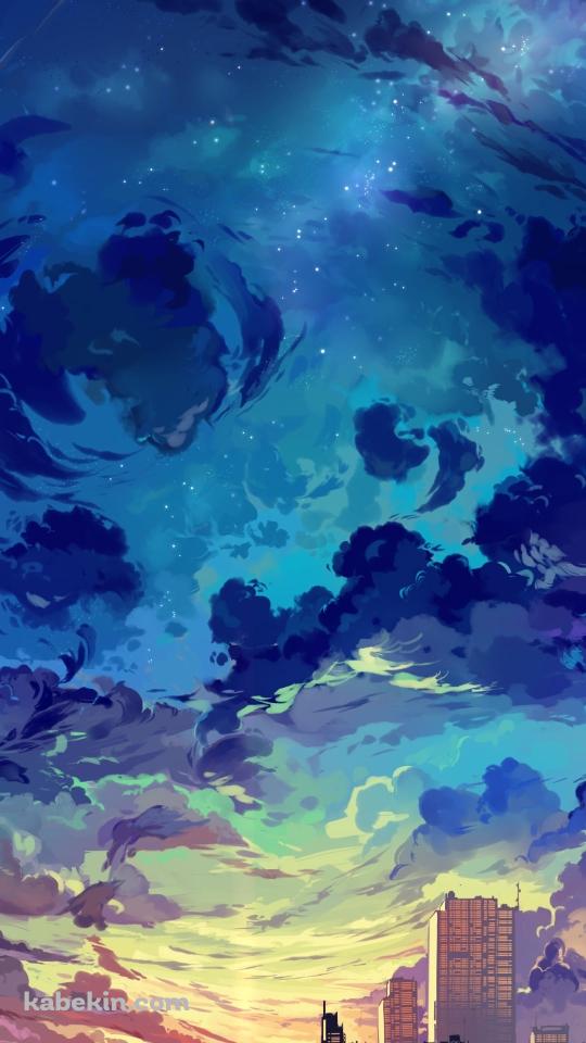 都会のビル群と夕陽と青い星空のAndroidの壁紙(540px x 960px) スマホ用