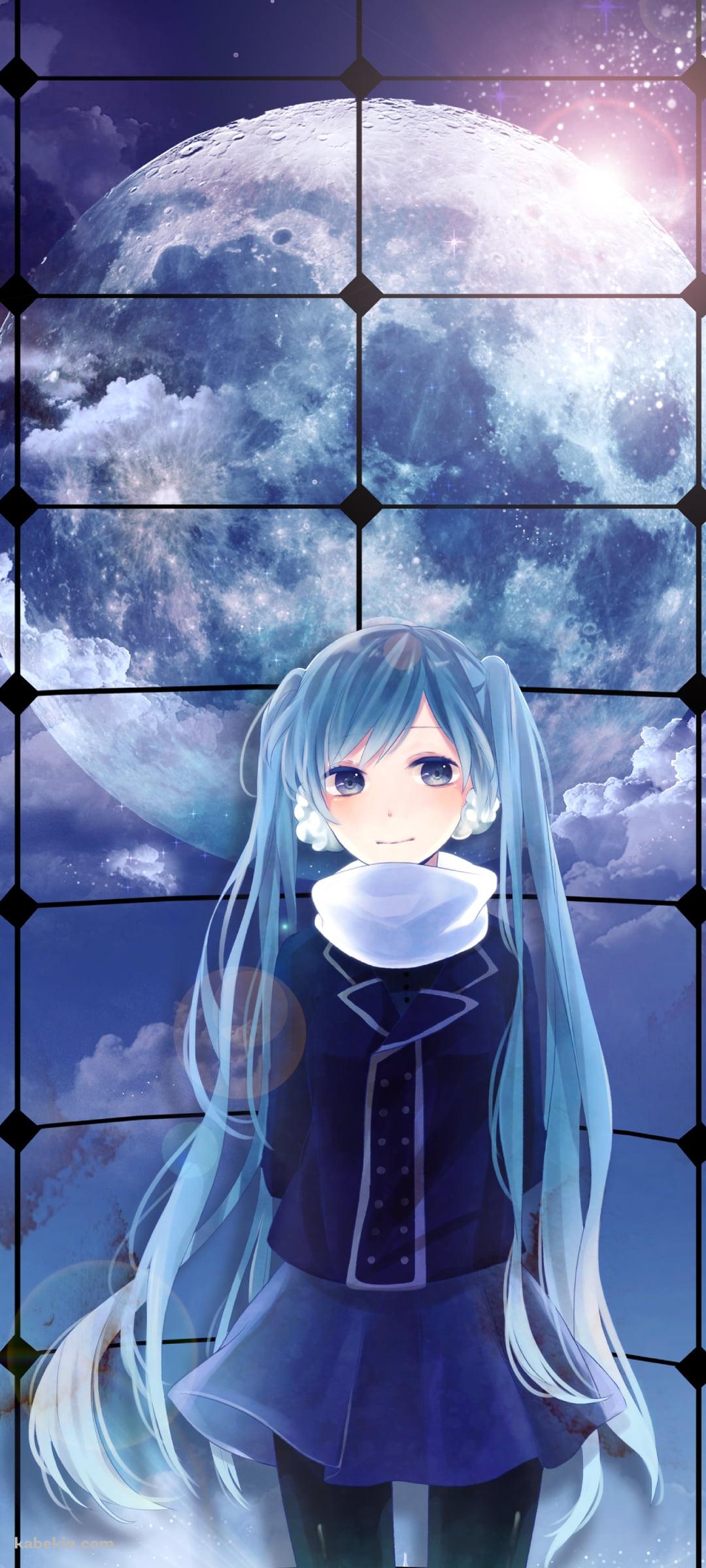 青い洋服を着た可愛い初音ミクと惑星のAndroidの壁紙(1080px x 2400px) スマホ用