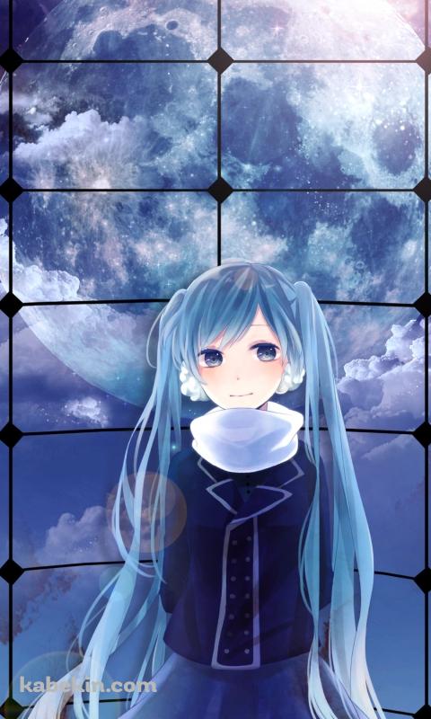 青い洋服を着た可愛い初音ミクと惑星のAndroidの壁紙(480px x 800px) スマホ用