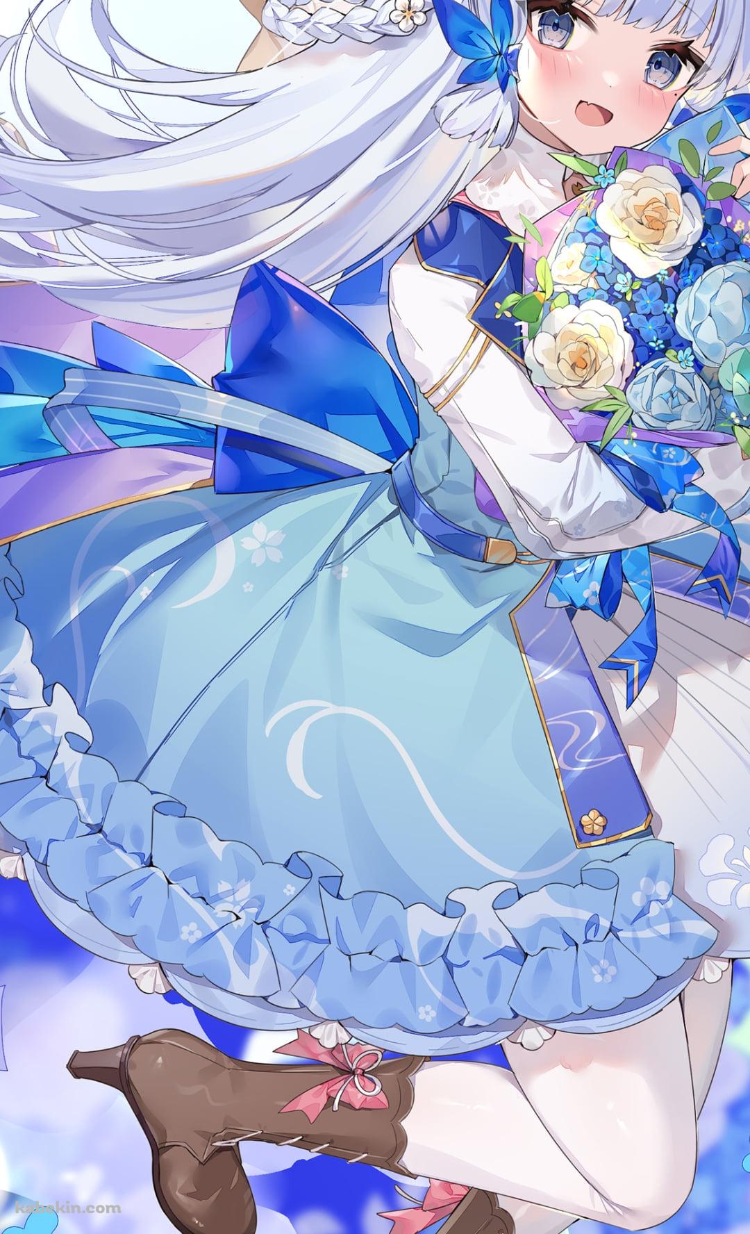 水色と白の花束を持つ可愛い神里綾華 / 花時に訪れた手紙 / 原神のAndroidの壁紙(1080px x 1776px) スマホ用