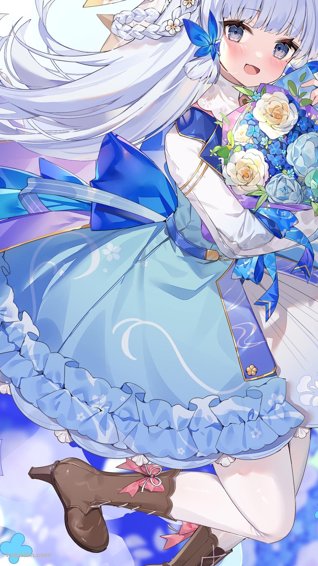 水色と白の花束を持つ可愛い神里綾華 / 花時に訪れた手紙 / 原神のAndroidの壁紙(1080px x 1920px) スマホ用