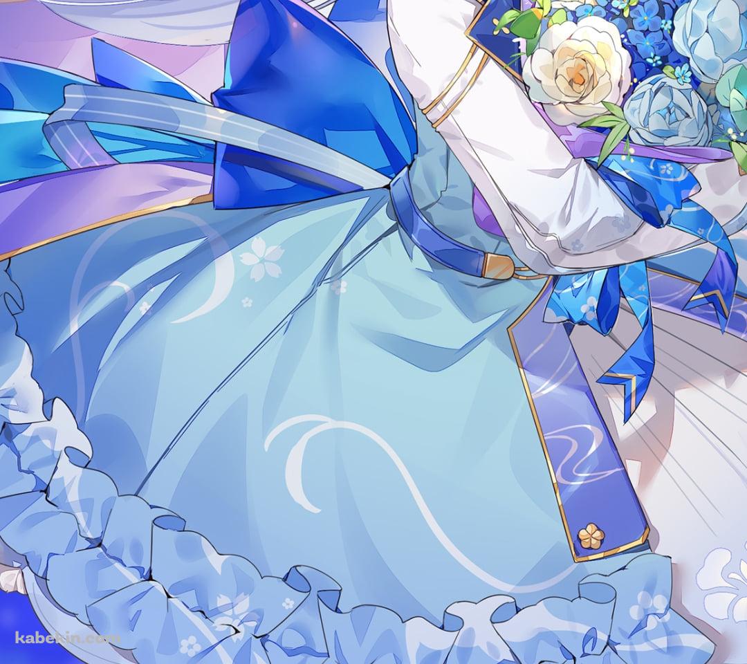 水色と白の花束を持つ可愛い神里綾華 / 花時に訪れた手紙 / 原神のAndroidの壁紙(1080px x 960px) スマホ用