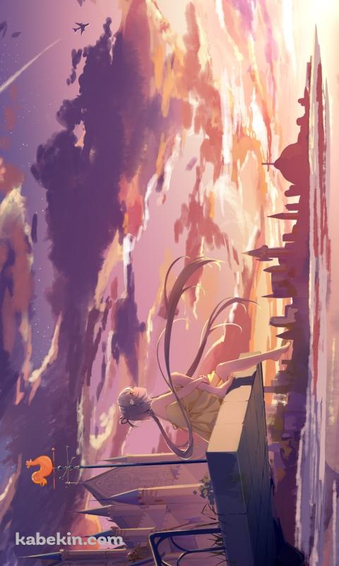 夕暮れ / 風見鶏 / 大きな屋敷 / 飛行機 / LUO TIANYI / ボカロのAndroidの壁紙(480px x 800px) スマホ用