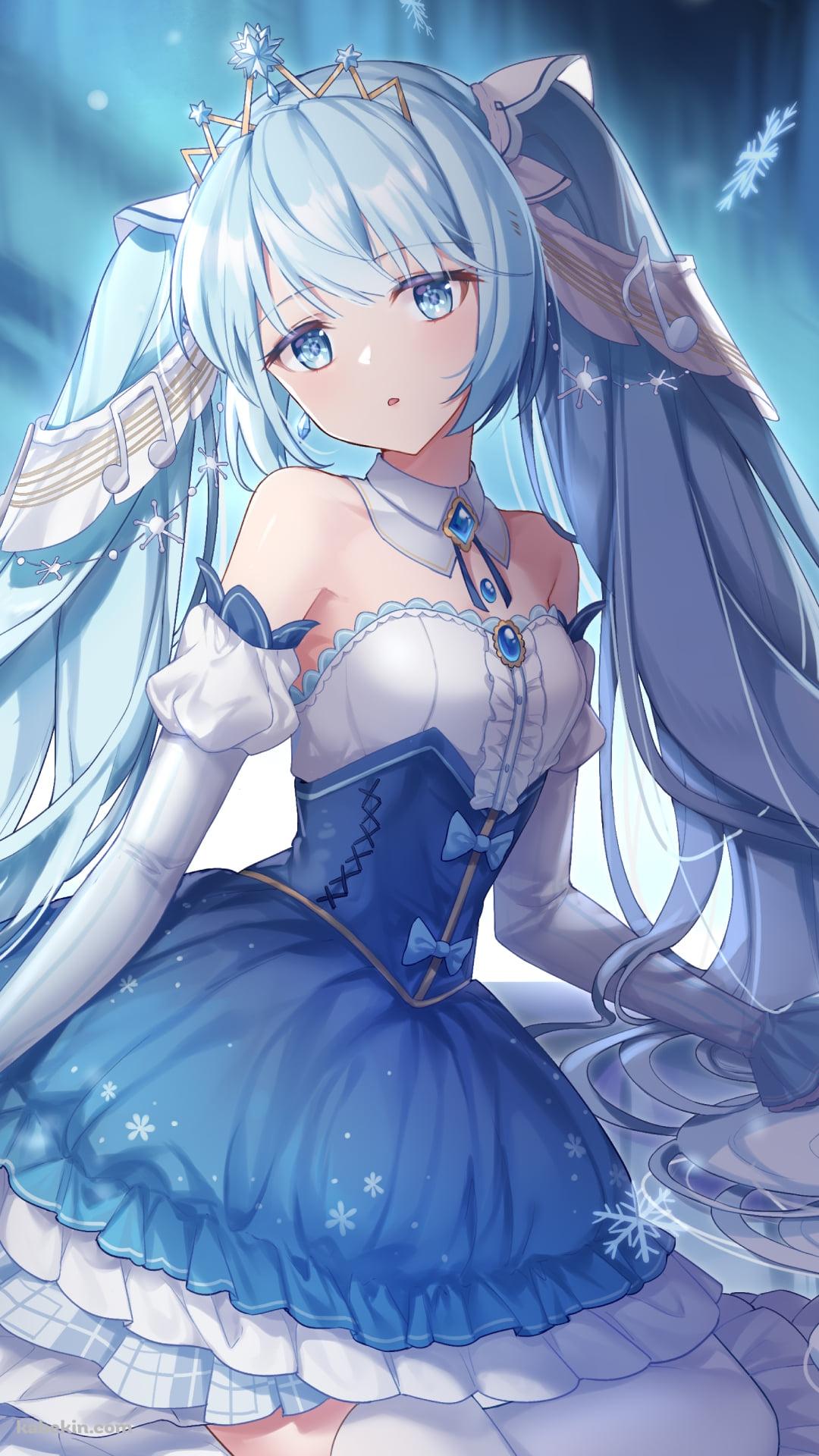 雪の結晶と白と青のドレスを着た可愛い初音ミク / 雪ミク / ボカロ / ボーカロイドのAndroidの壁紙(1080px x 1920px) スマホ用