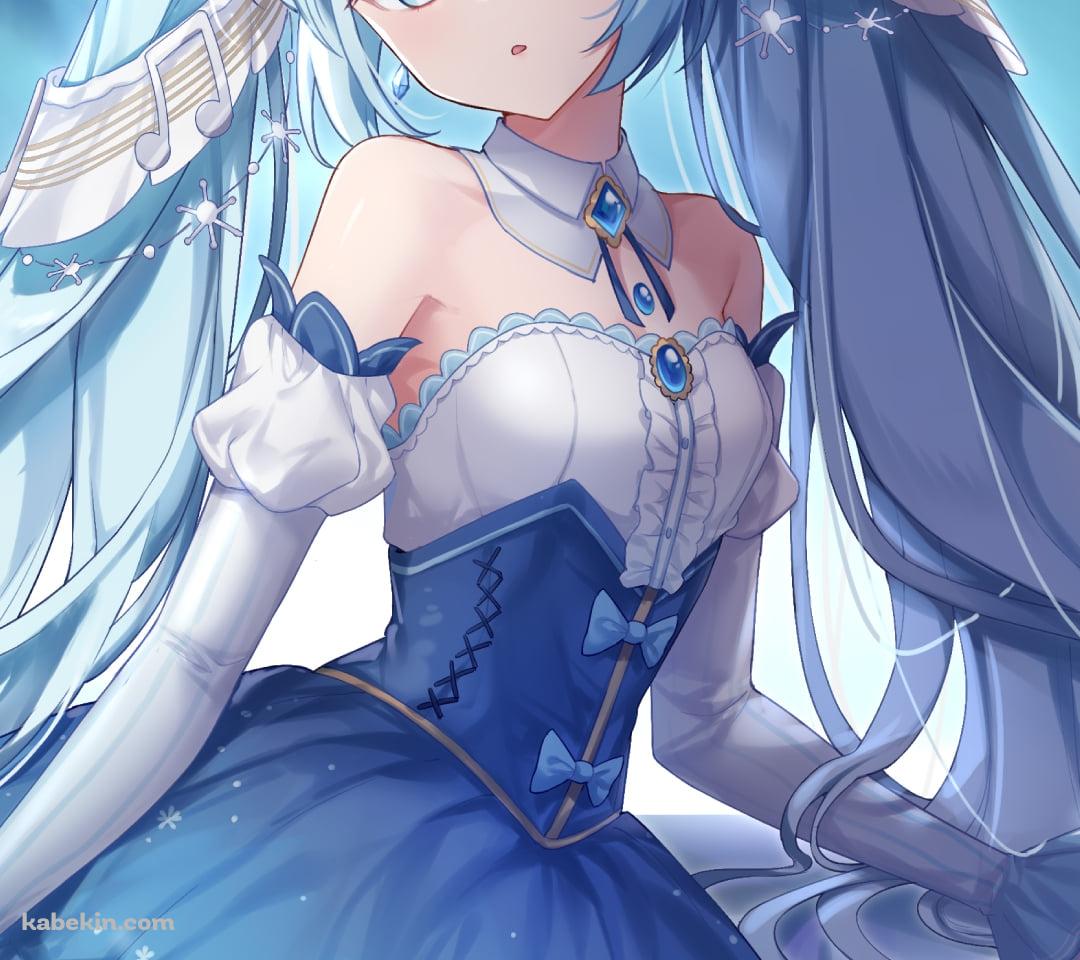 雪の結晶と白と青のドレスを着た可愛い初音ミク / 雪ミク / ボカロ / ボーカロイドのAndroidの壁紙(1080px x 960px) スマホ用