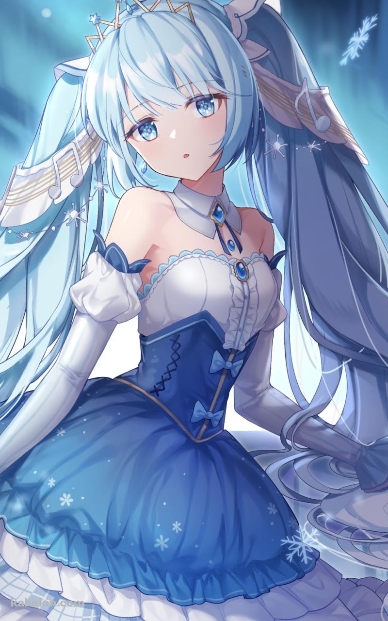 雪の結晶と白と青のドレスを着た可愛い初音ミク / 雪ミク / ボカロ / ボーカロイドのAndroidの壁紙(800px x 1280px) スマホ用