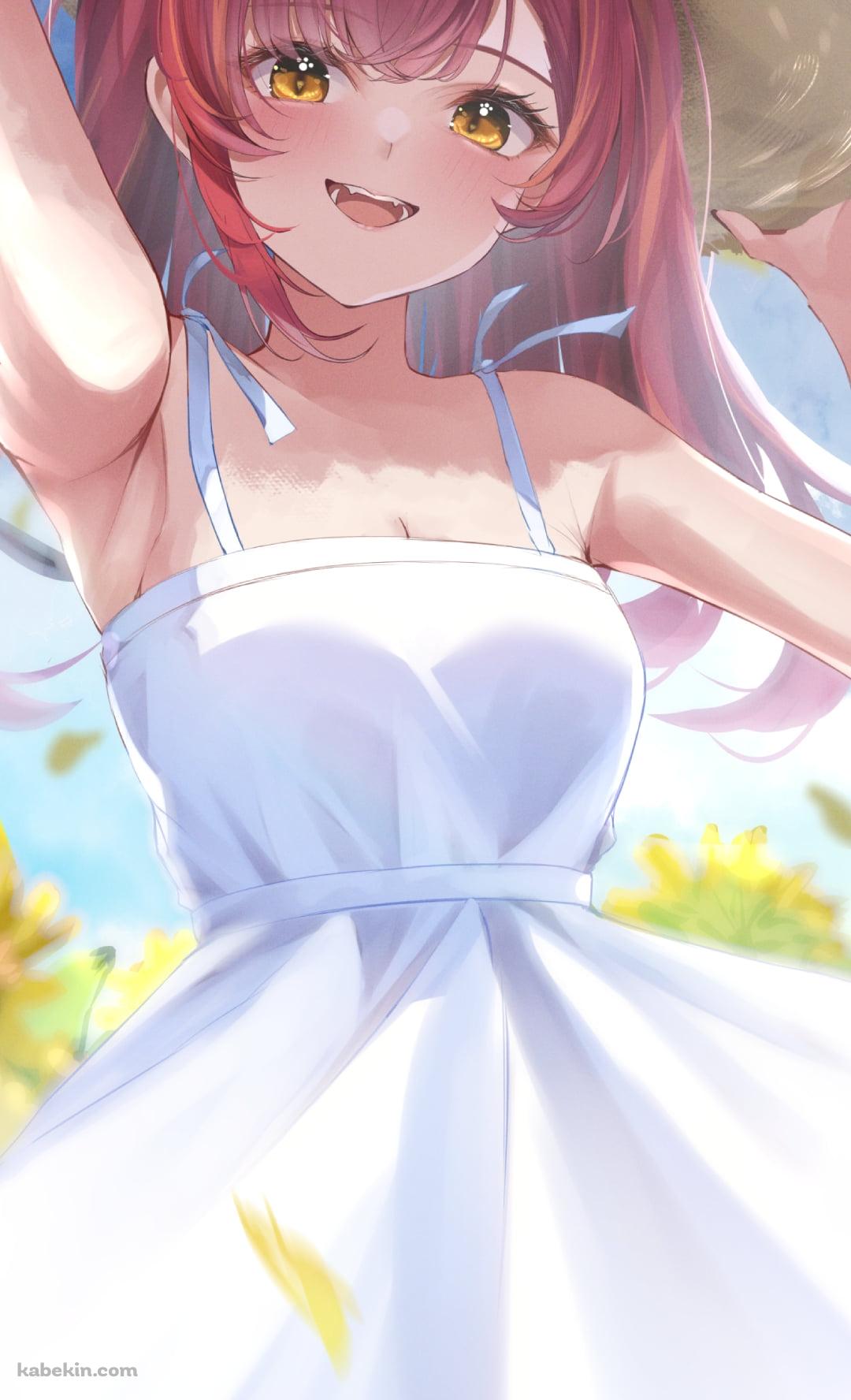 麦わら帽子を抑えて白いドレスを着た可愛い猫汰つな(ねこたつな) / 向日葵畑 / ぶいすぽっ! / バーチャルYouTuber / VtuberのAndroidの壁紙(1080px x 1776px) スマホ用