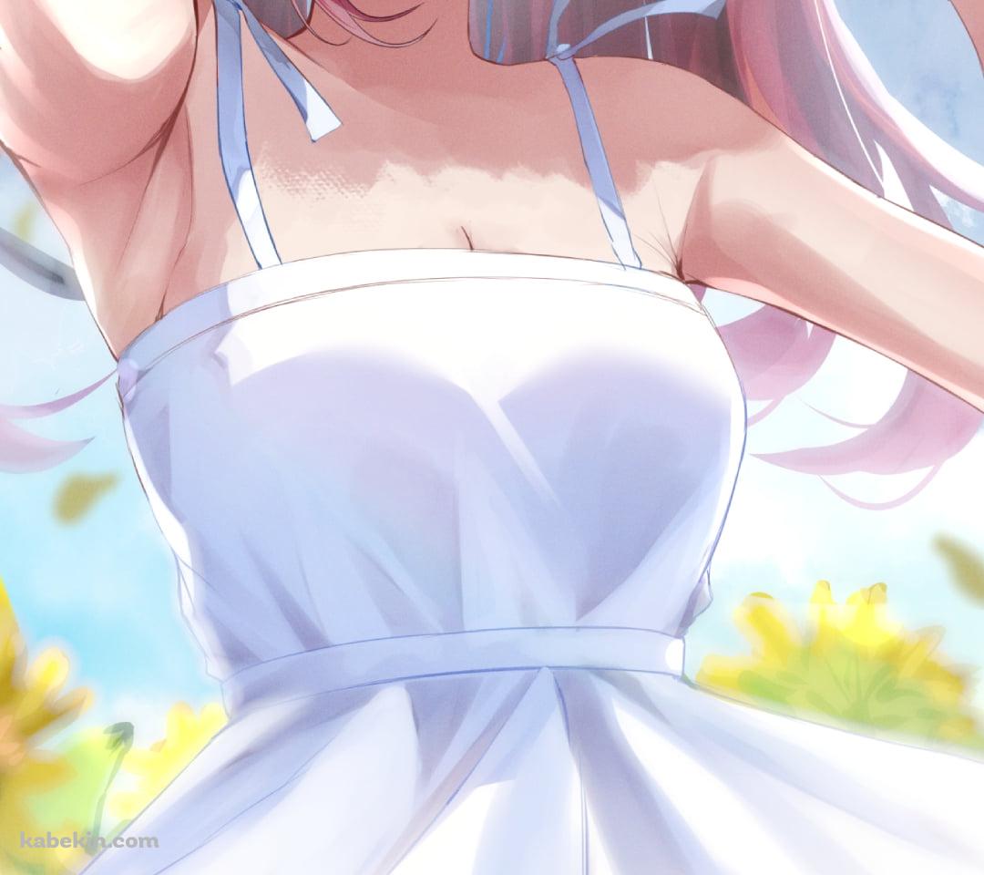 麦わら帽子を抑えて白いドレスを着た可愛い猫汰つな(ねこたつな) / 向日葵畑 / ぶいすぽっ! / バーチャルYouTuber / VtuberのAndroidの壁紙(1080px x 960px) スマホ用