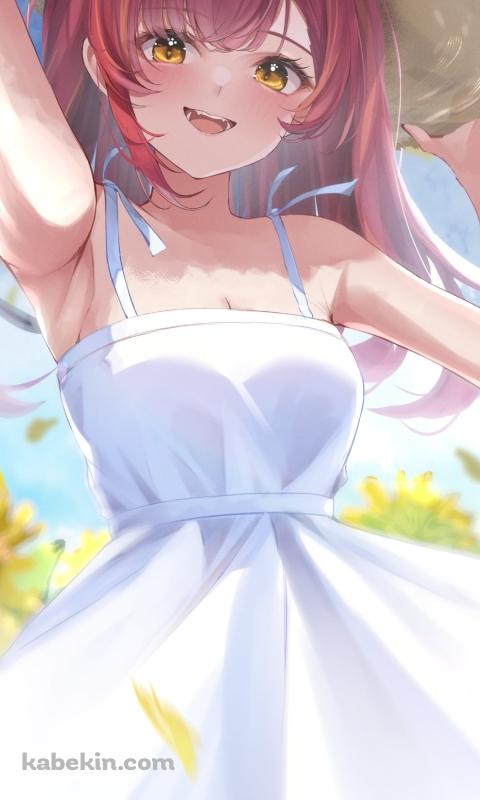 麦わら帽子を抑えて白いドレスを着た可愛い猫汰つな(ねこたつな) / 向日葵畑 / ぶいすぽっ! / バーチャルYouTuber / VtuberのAndroidの壁紙(480px x 800px) スマホ用