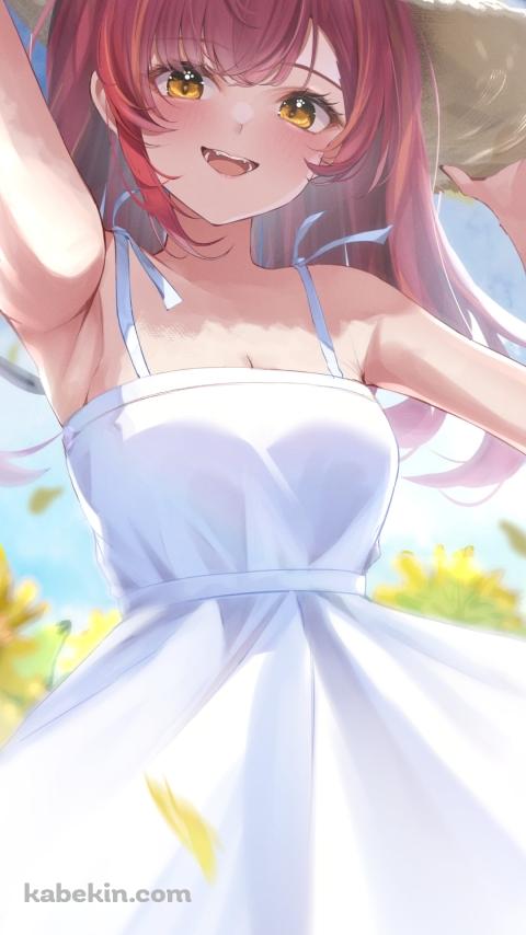 麦わら帽子を抑えて白いドレスを着た可愛い猫汰つな(ねこたつな) / 向日葵畑 / ぶいすぽっ! / バーチャルYouTuber / VtuberのAndroidの壁紙(480px x 854px) スマホ用