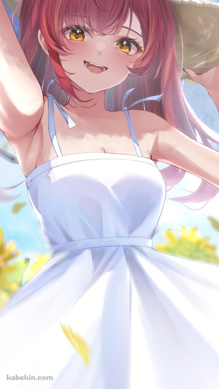麦わら帽子を抑えて白いドレスを着た可愛い猫汰つな(ねこたつな) / 向日葵畑 / ぶいすぽっ! / バーチャルYouTuber / VtuberのAndroidの壁紙(720px x 1280px) スマホ用