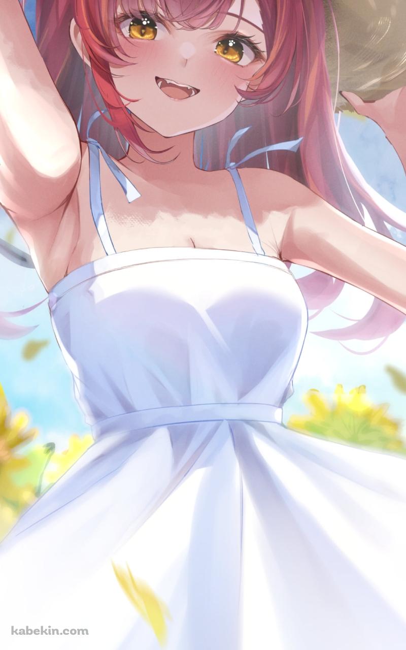 麦わら帽子を抑えて白いドレスを着た可愛い猫汰つな(ねこたつな) / 向日葵畑 / ぶいすぽっ! / バーチャルYouTuber / VtuberのAndroidの壁紙(800px x 1280px) スマホ用