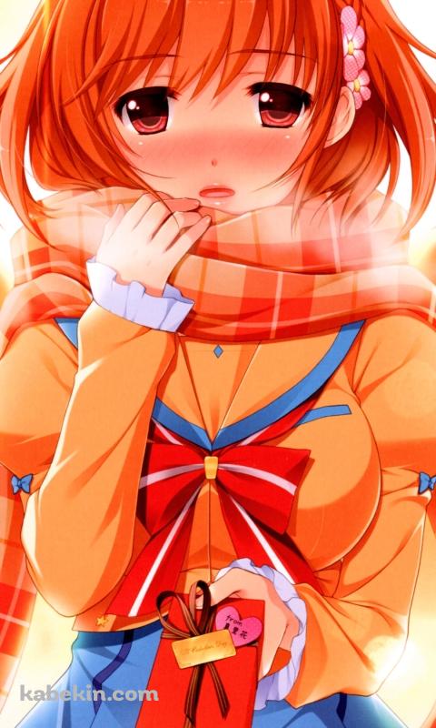 赤いプレゼントを差し出すオレンジのマフラーを巻いた篠崎 真里花 / 星織ユメミライのAndroidの壁紙(480px x 800px) スマホ用