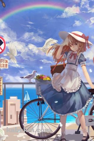自転車とカナ・アナベラル / 海沿い / カモメ / 標識 / 東方のAndroidの壁紙(320px x 480px) スマホ用