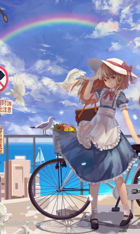 自転車とカナ・アナベラル / 海沿い / カモメ / 標識 / 東方のAndroidの壁紙(480px x 800px) スマホ用