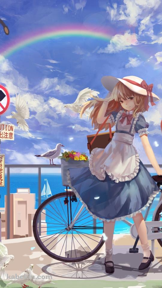 自転車とカナ・アナベラル / 海沿い / カモメ / 標識 / 東方のAndroidの壁紙(540px x 960px) スマホ用