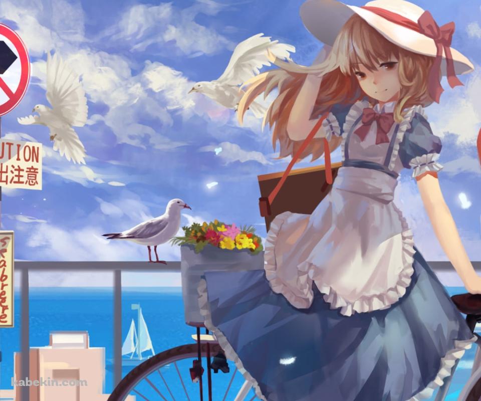 自転車とカナ・アナベラル / 海沿い / カモメ / 標識 / 東方のAndroidの壁紙(960px x 800px) スマホ用