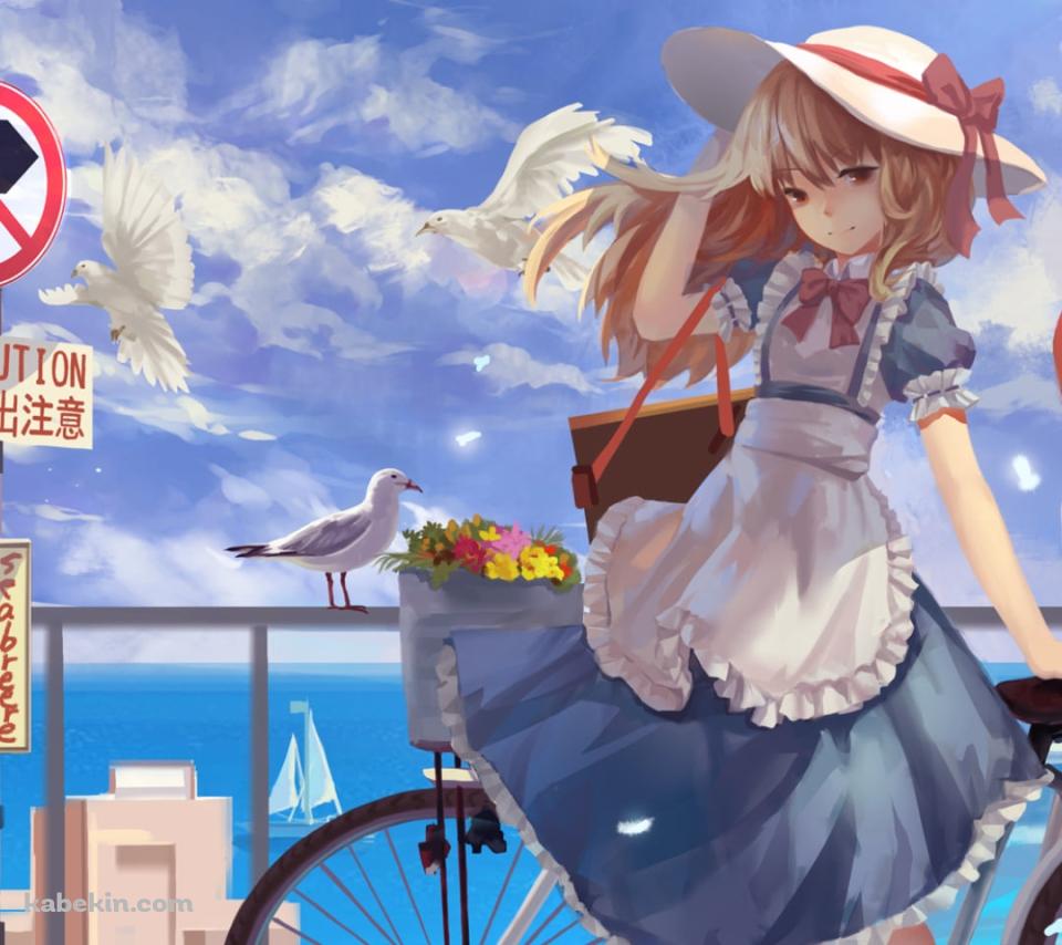自転車とカナ・アナベラル / 海沿い / カモメ / 標識 / 東方のAndroidの壁紙(960px x 854px) スマホ用